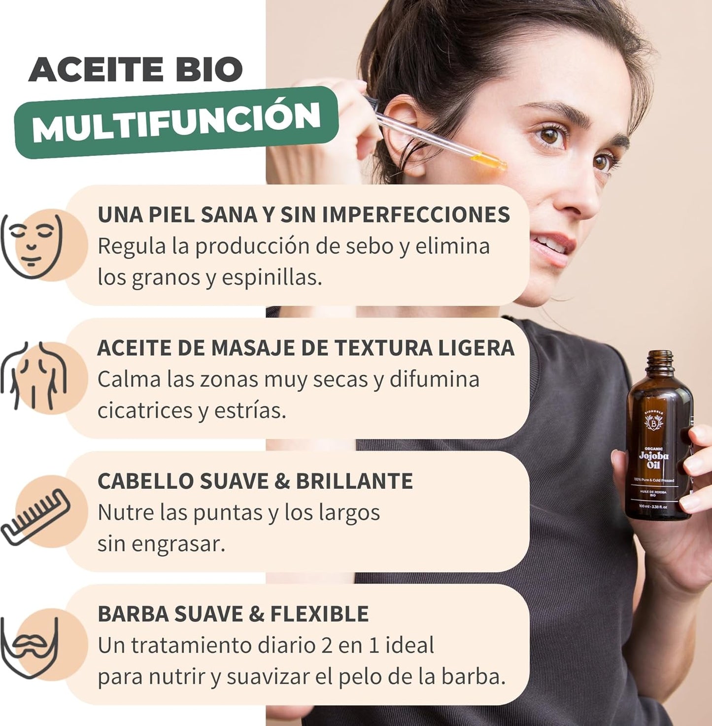 BIONOBLE Aceite De Jojoba 100 Puro Y Natural, Bio - Pelo, Piel - 100Ml