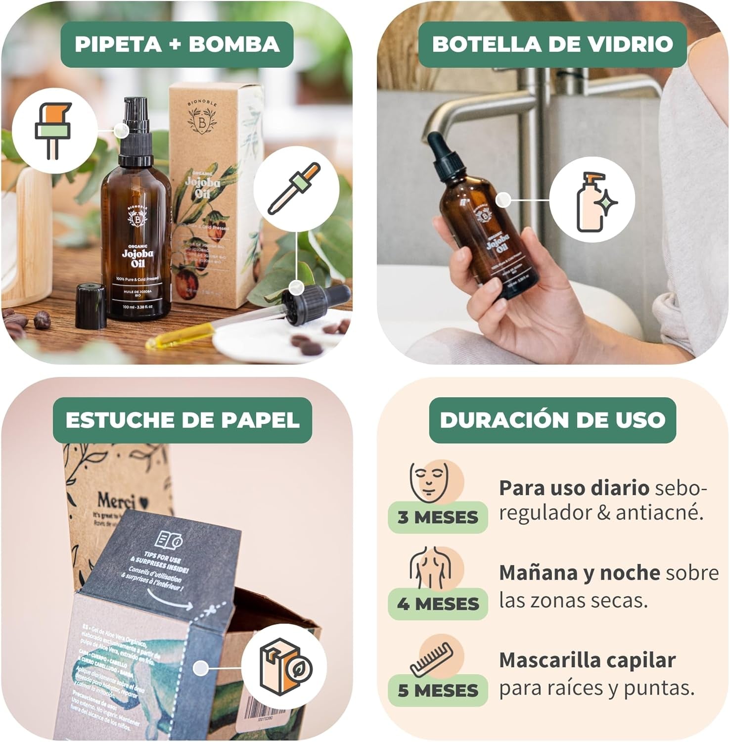 BIONOBLE Aceite De Jojoba 100 Puro Y Natural, Bio - Pelo, Piel - 100Ml