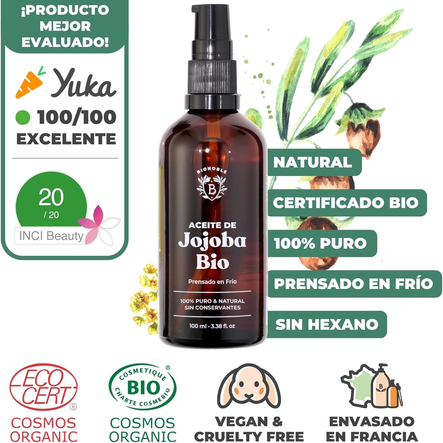 BIONOBLE Aceite De Jojoba 100 Puro Y Natural, Bio - Pelo, Piel - 100Ml